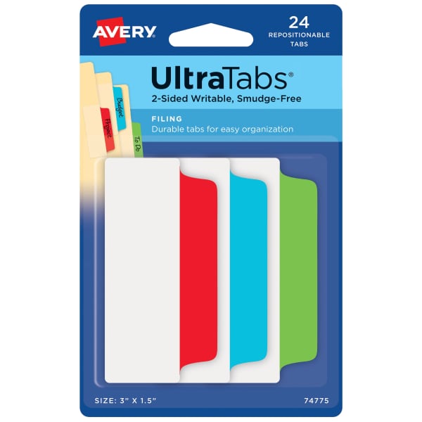Ultra Tabs®, Assorted, 24 File Tabs, 3" x 1.5"